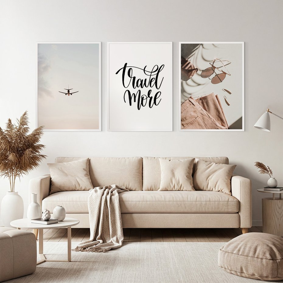 Zestaw obrazy w ramie, plakaty - podróże,wakacje,samolot - rama biała