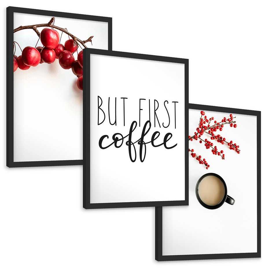 Zestaw obrazy w ramie, plakaty - owoce, kawa, gałązka - rama czarna