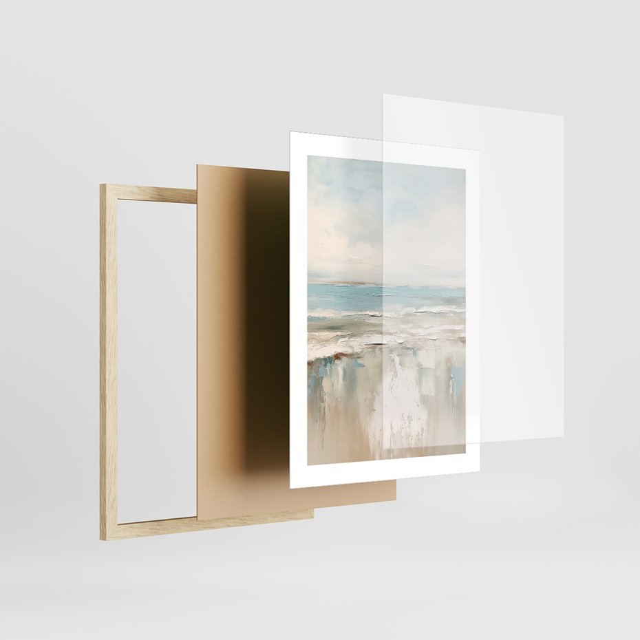 Zestaw obrazy w ramie, plakaty - morze, chmury, abstrakcja - rama drewno