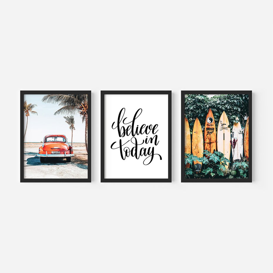 Zestaw obrazy w ramie, plakaty - palmy, samochód, deski surfingowe - rama czarna