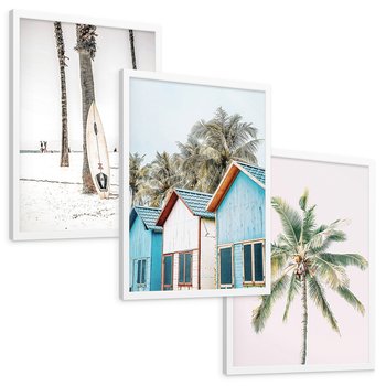 Zestaw obrazy w ramie, plakaty - palmy, plaża, domki - rama biała