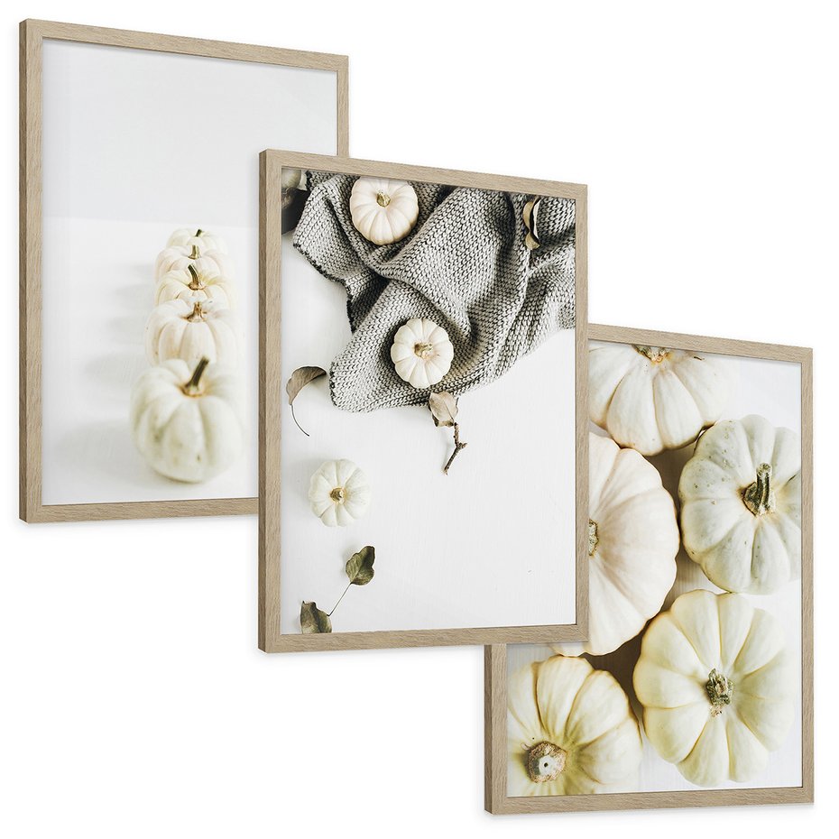 Zestaw obrazy w ramie, plakaty - dynie, jesień, dekoracje - rama drewno