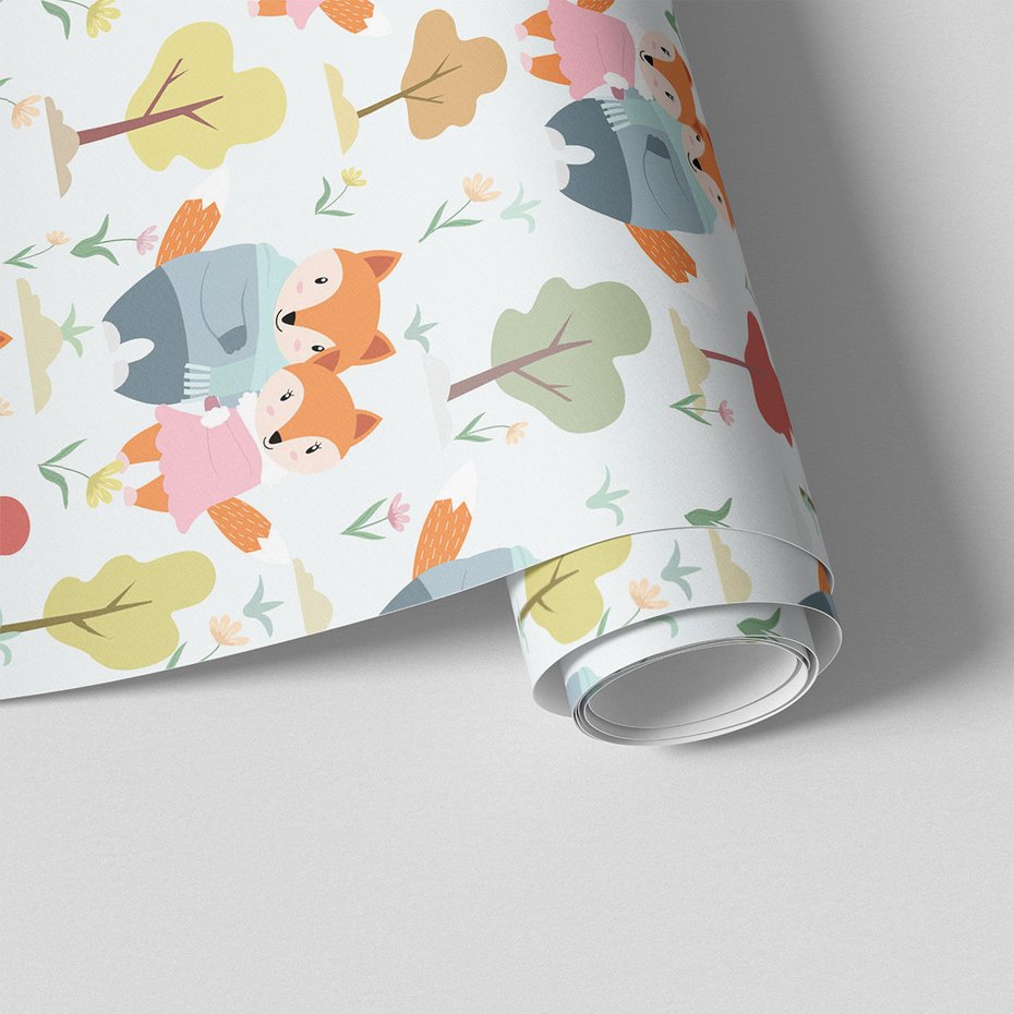 Tapeta - dziecięca, lisy, drzewa, kwiaty