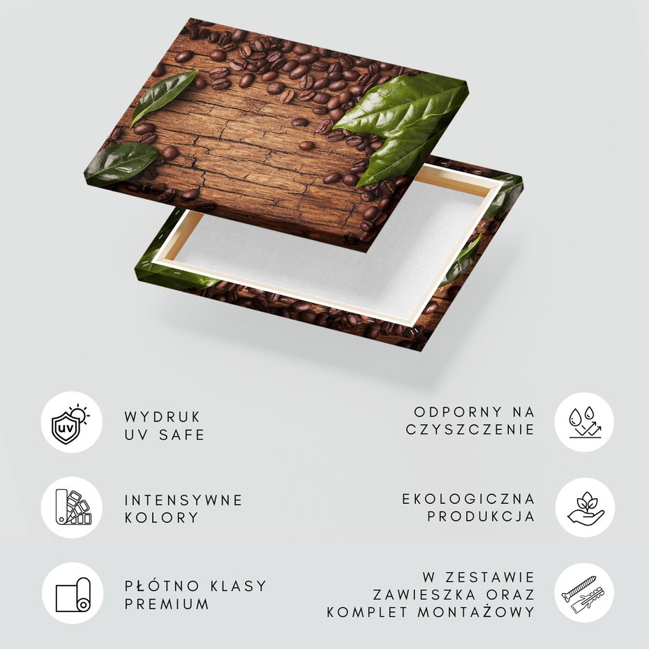 Obraz na płótnie - kawa, ziarna, liście