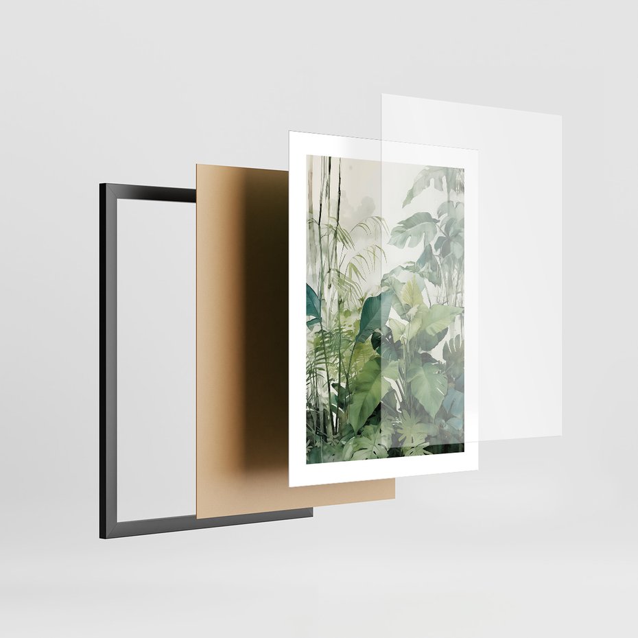 Zestaw obrazy w ramie, plakaty - papuga, liście, tygrys - rama czarna