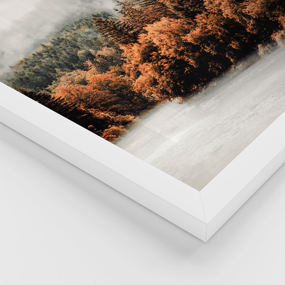 Zestaw obrazy w ramie, plakaty - jesień, las, liście - rama biała