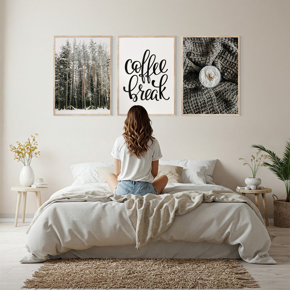 Zestaw obrazy w ramie, plakaty - zima, las, napój - rama drewno