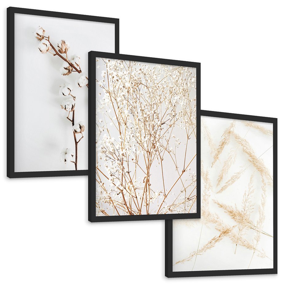 Zestaw obrazy w ramie, plakaty - kwiaty, gałązki, minimalizm - rama czarna