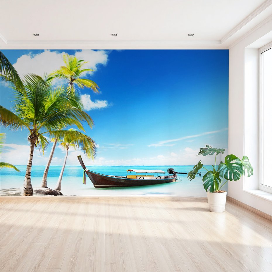 Fototapeta - plaża, palmy, łódź