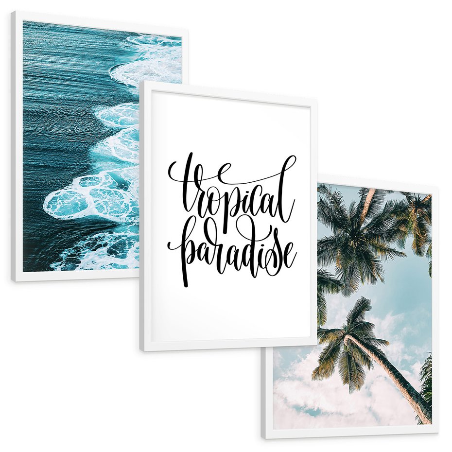 Zestaw obrazy w ramie, plakaty - tropikalny, morze, palmy - rama biała