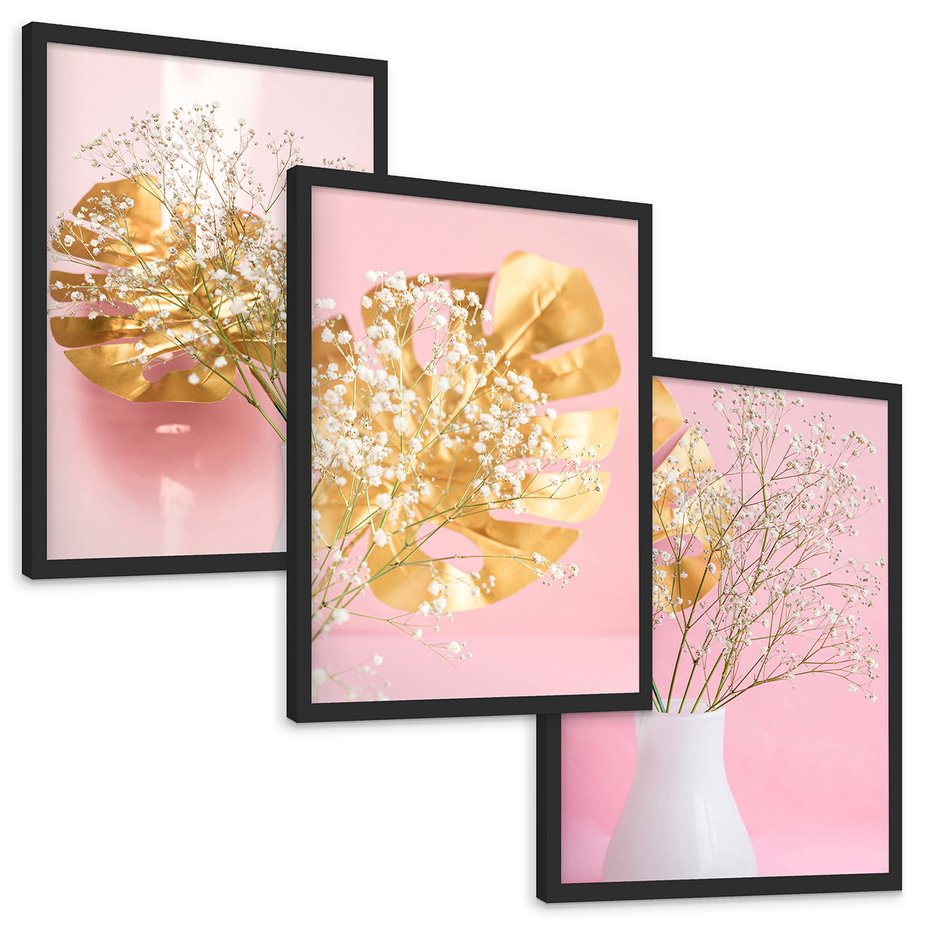 Zestaw obrazy w ramie, plakaty - kwiaty, liście, złoty - rama czarna