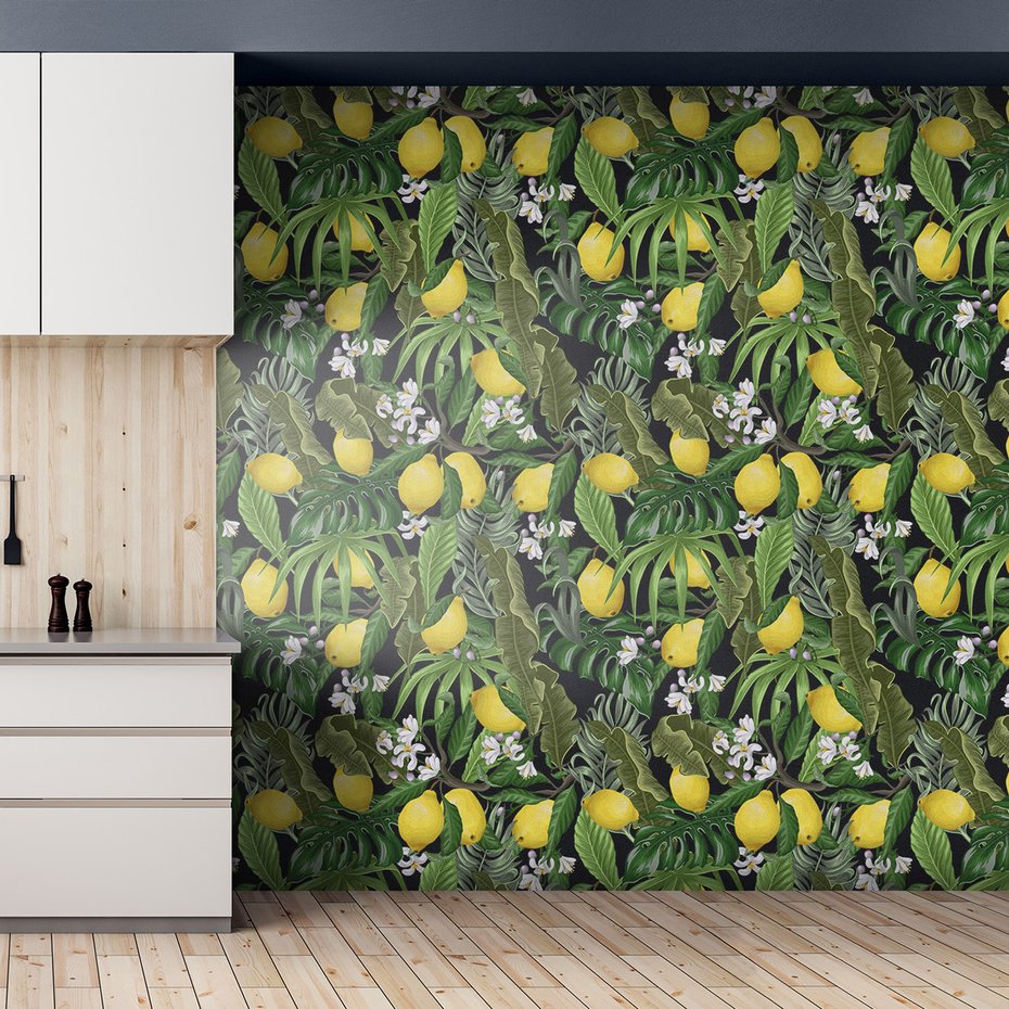 Tapeta - liście, cytryny, kwiaty