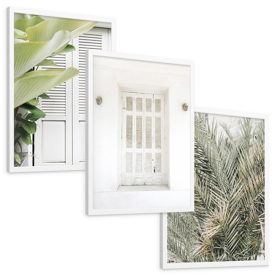 Zestaw obrazy w ramie, plakaty - liście, okno, ściana - rama biała