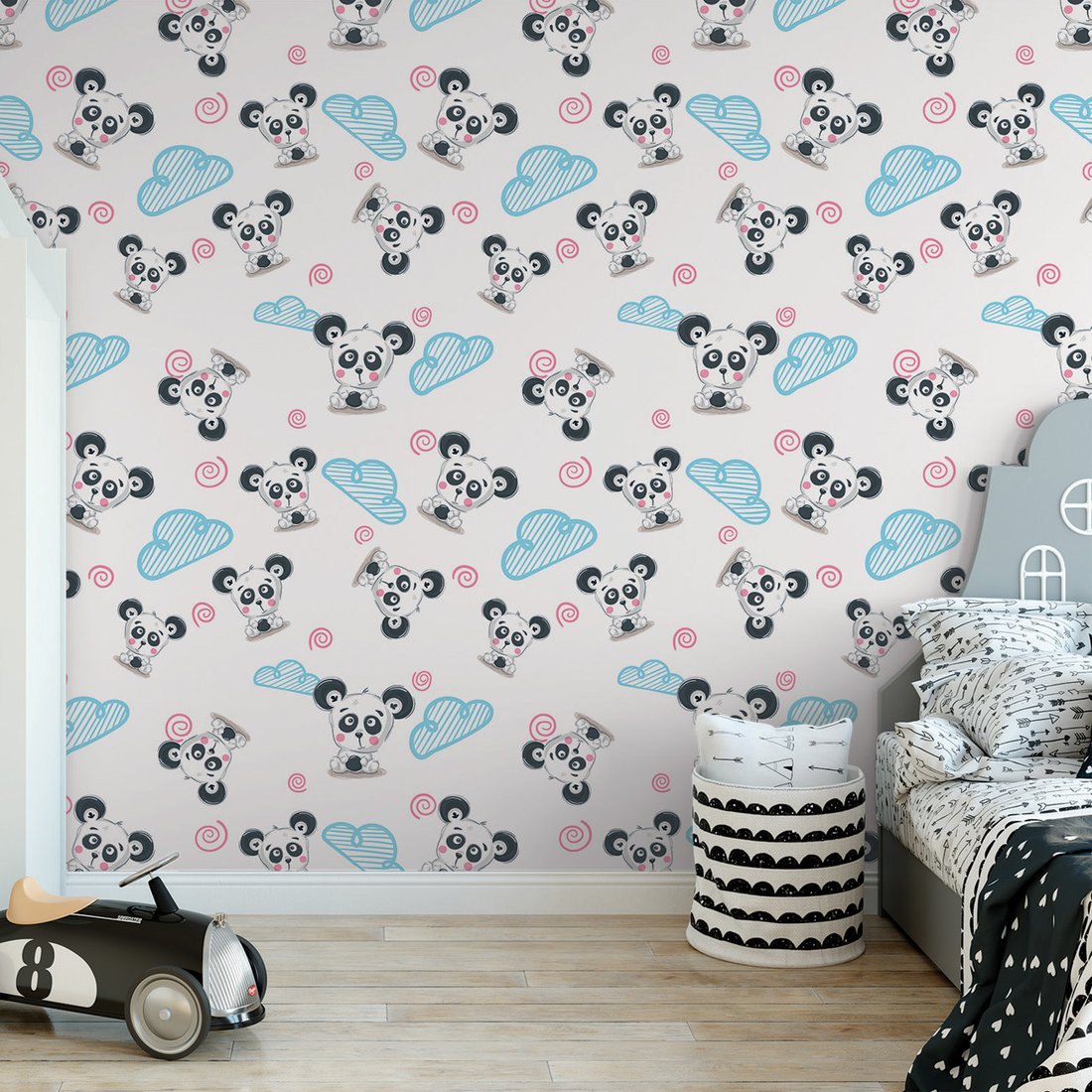 Tapeta - dziecięca, panda, chmura, spirala