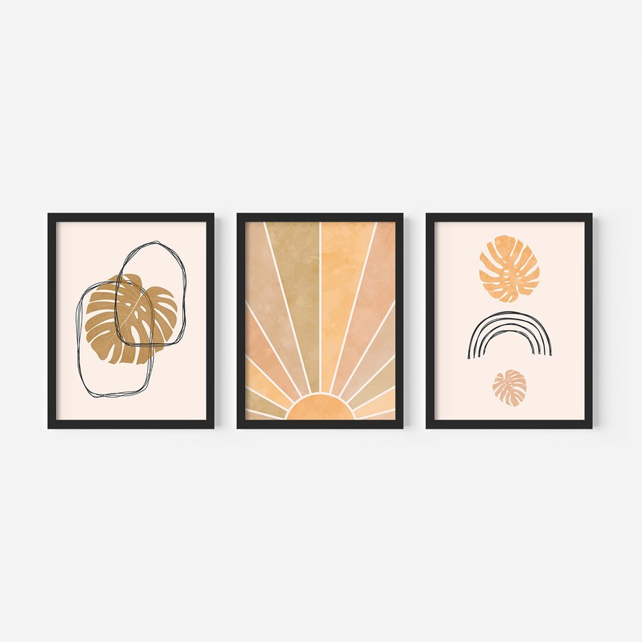Zestaw obrazy w ramie, plakaty - liście, monstera, abstrakcja - rama czarna