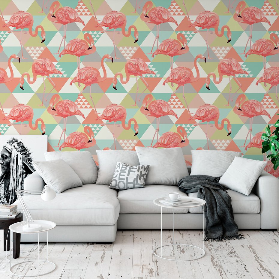 Tapeta - flamingi, trójkąty, tło