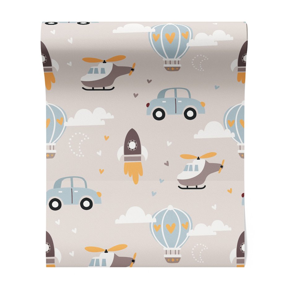 Tapeta - dziecięca, samochody, helikoptery, balony