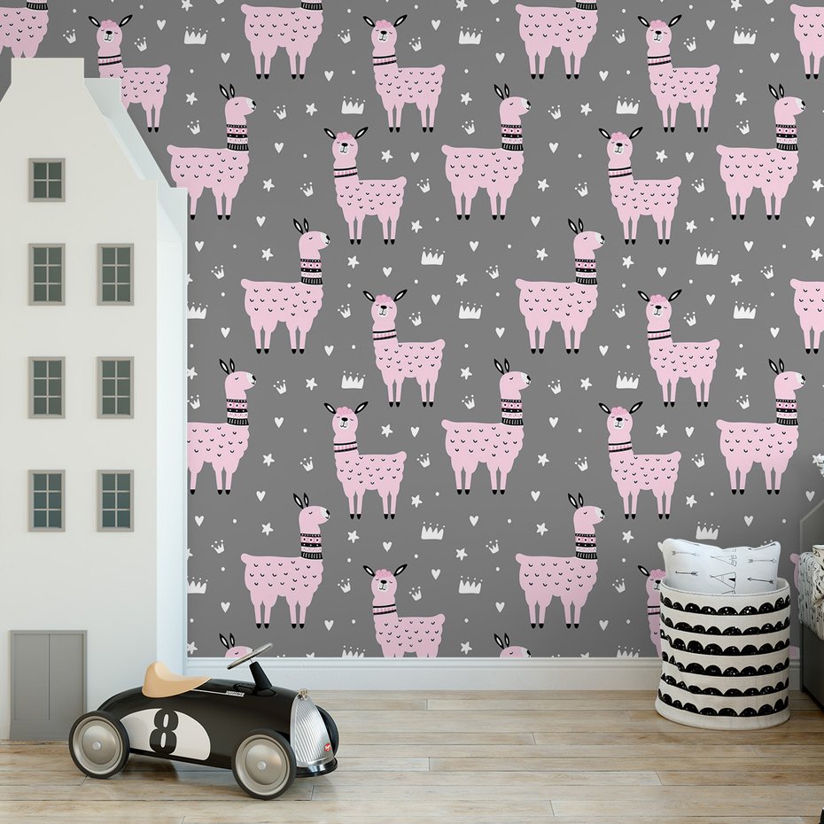 Tapeta - dziecięca, lama, korona, gwiazda