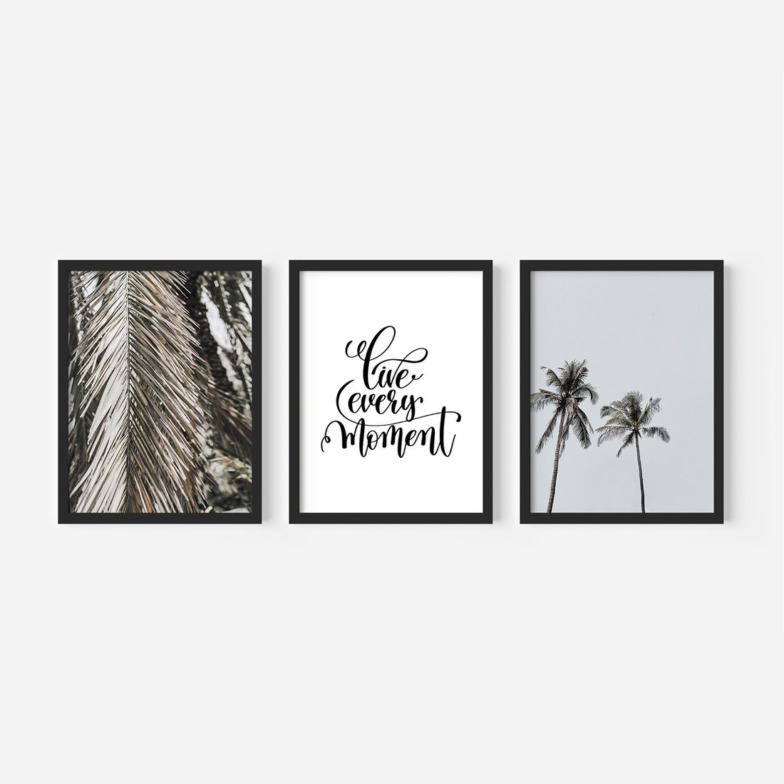 Zestaw obrazy w ramie, plakaty - liście, palmy, napisy - rama czarna