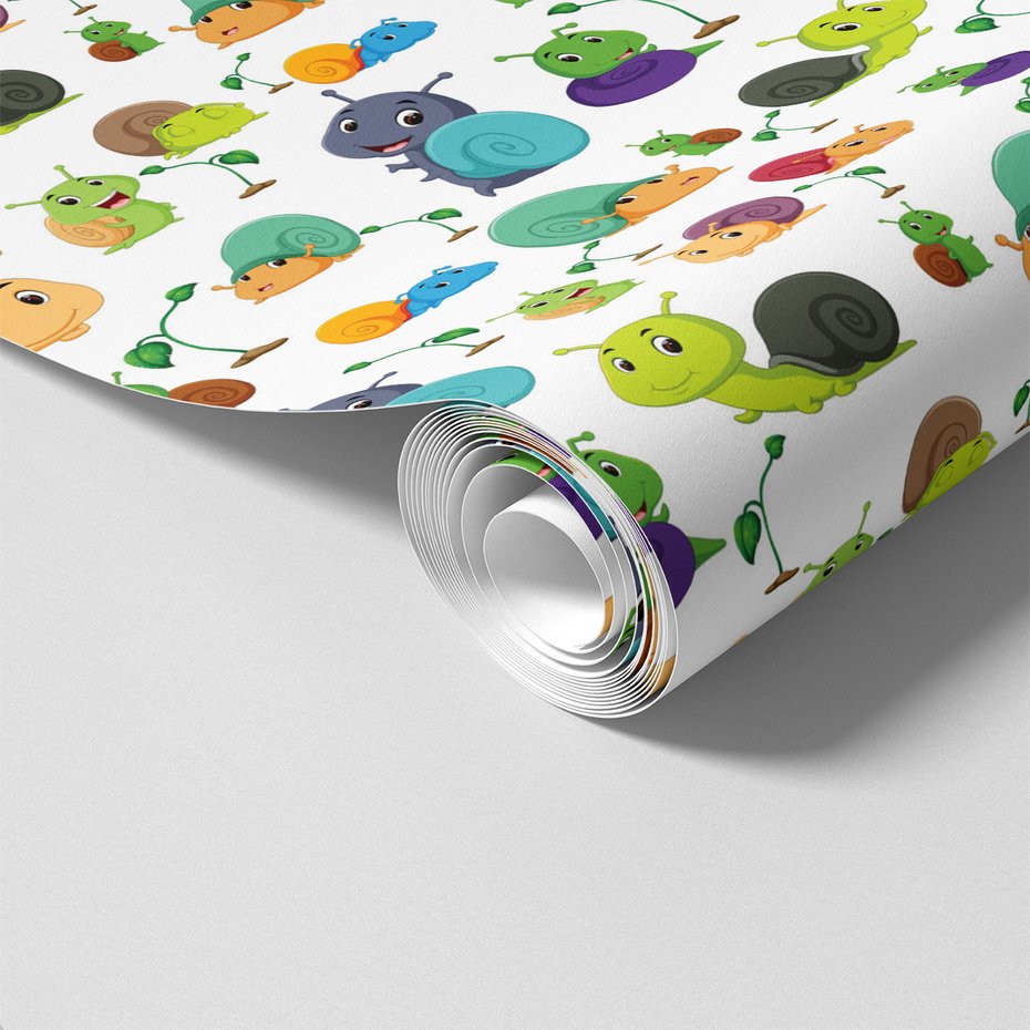 Tapeta - dziecięca, ślimaki, liście, wzór