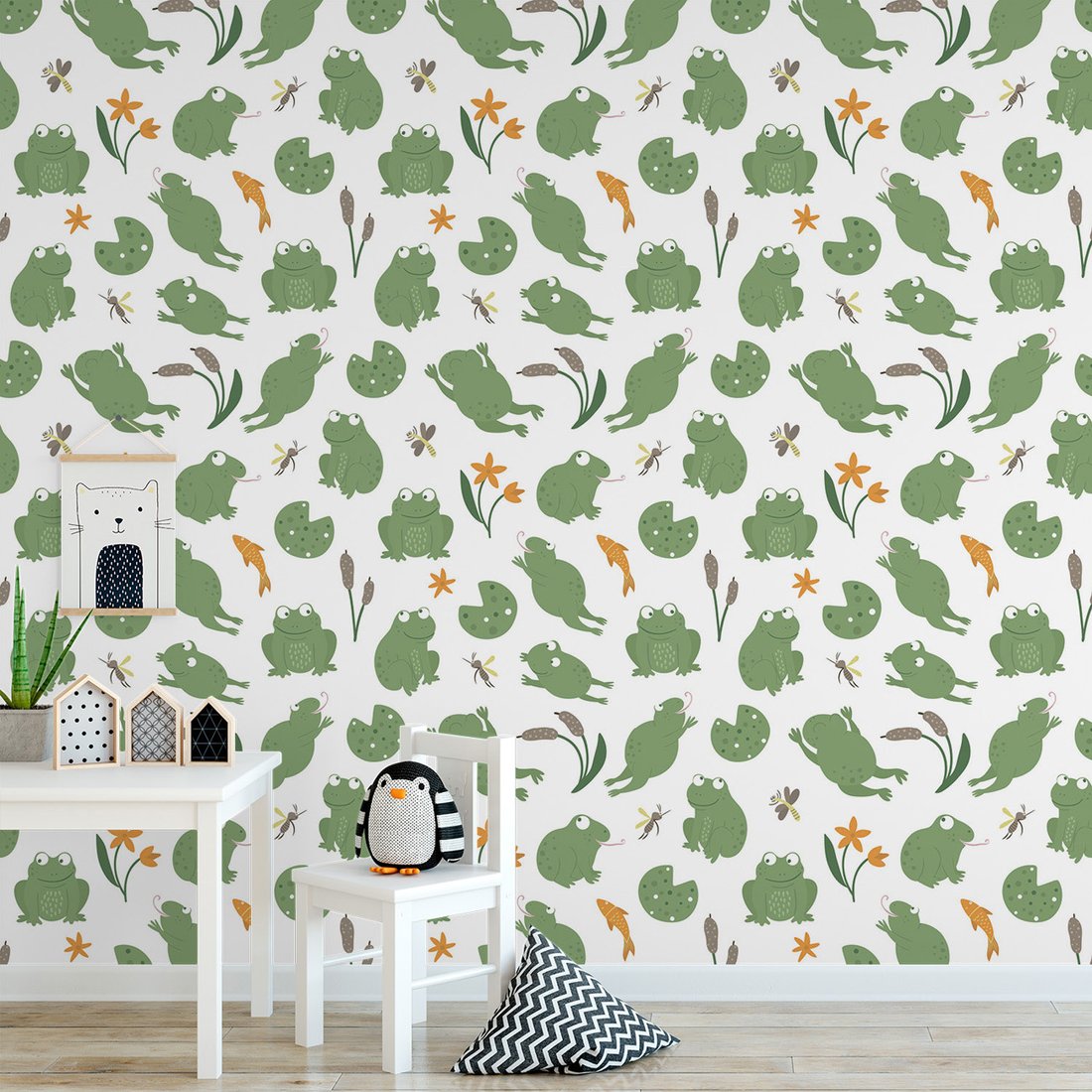 Tapeta - dziecięca, żaby, kwiaty, ryba