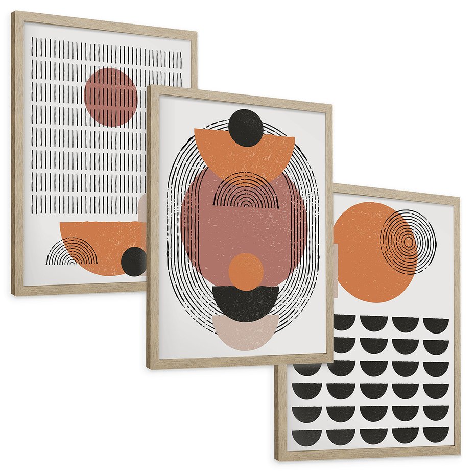 Zestaw obrazy w ramie, plakaty - abstrakcja, grafika, geometria - rama drewno