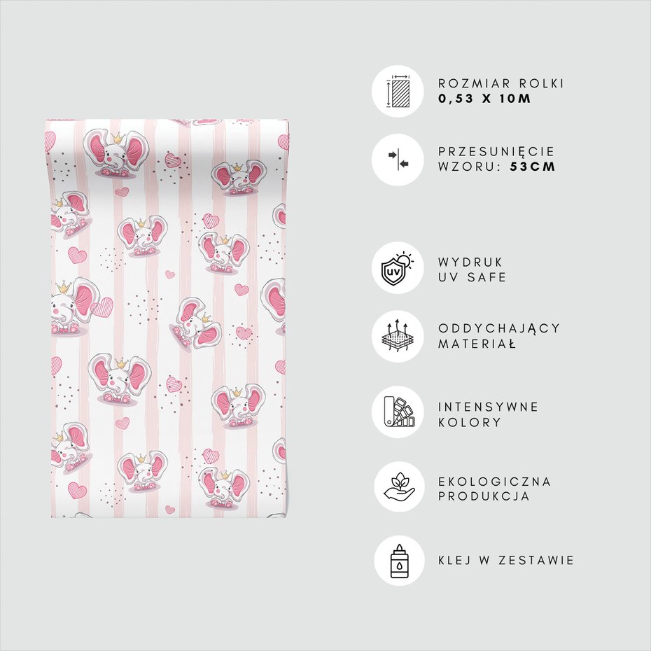 Tapeta - dziecięca, słonie, korony,