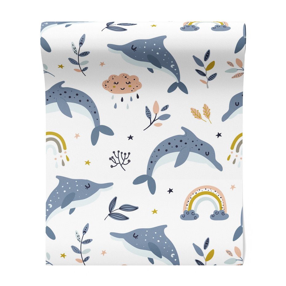 Tapeta - dziecięca, delfiny, chmury,