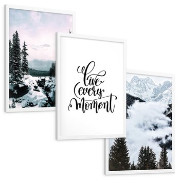 Zestaw obrazy w ramie, plakaty - góry, zima, lasy - rama biała