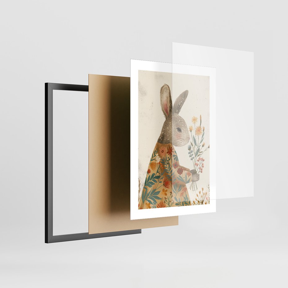 Zestaw obrazy w ramie, plakaty - króliki, dziewczynka, kwiaty - rama czarna