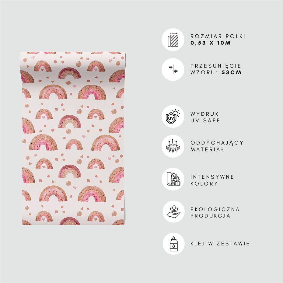 Tapeta - dziecięca, tęcza, kropki, serca