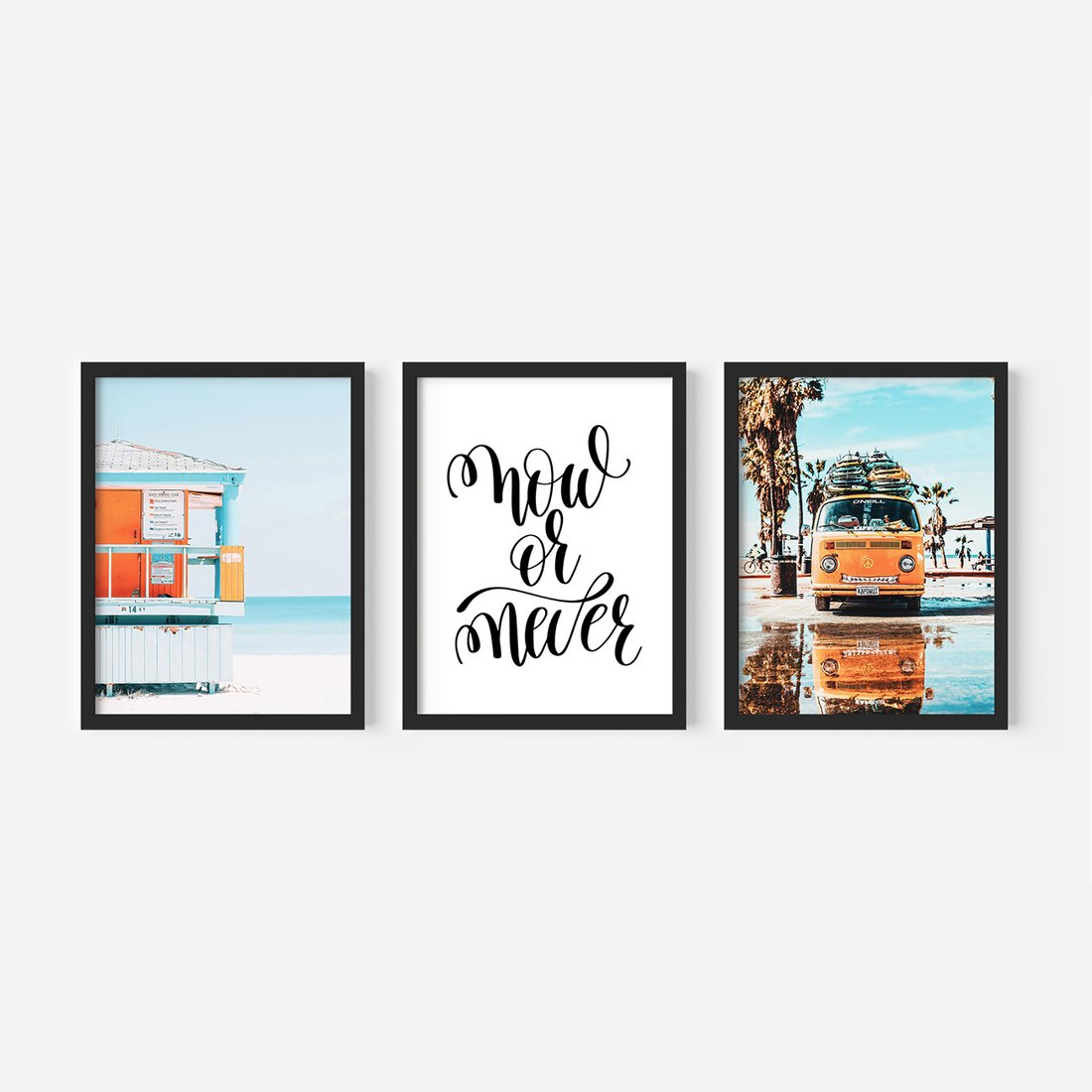 Zestaw obrazy w ramie, plakaty - plaża, lato, wakacje - rama czarna