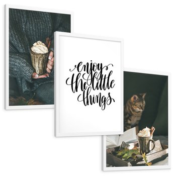 Zestaw obrazy w ramie, plakaty - jesień, napój, kot - rama biała