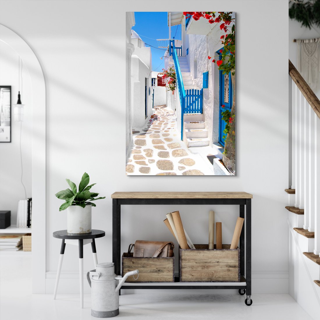 Obraz na płótnie - uliczka, kwiaty, biel