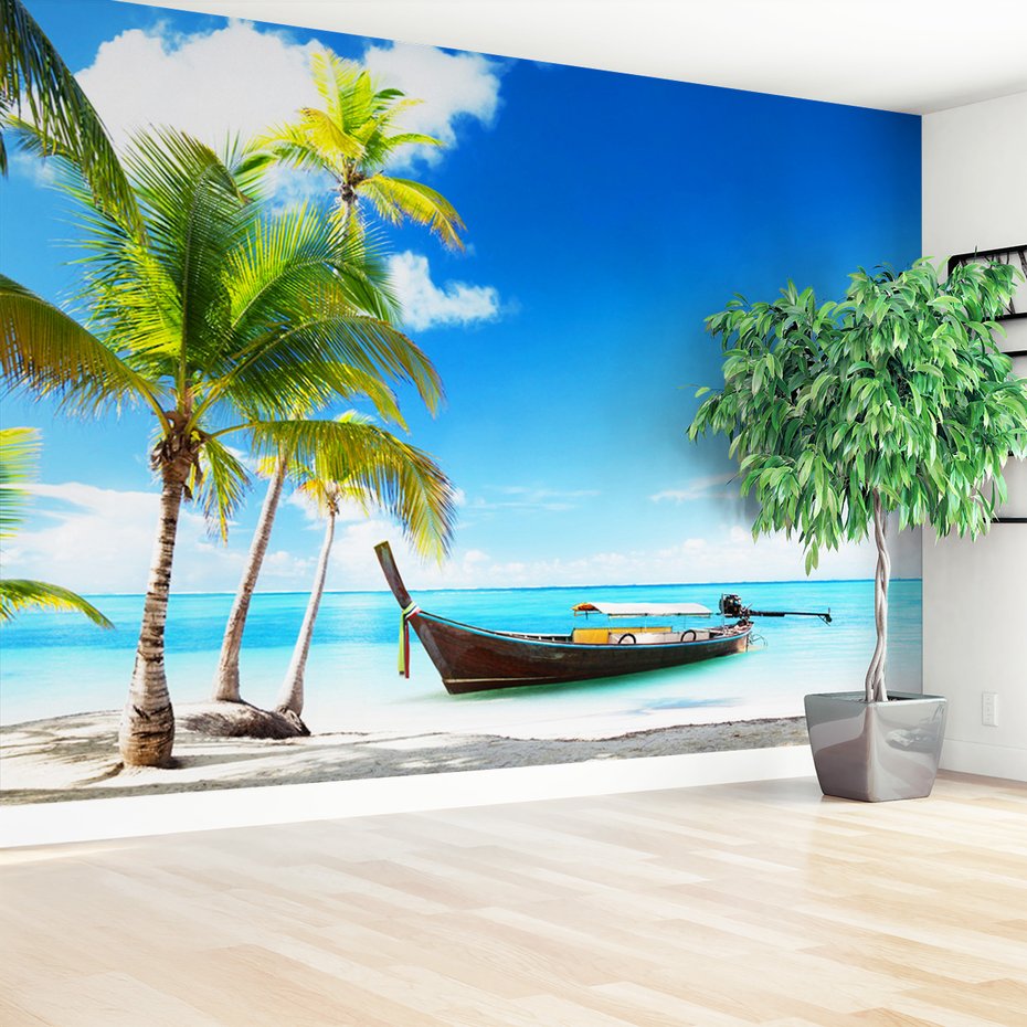 Fototapeta - plaża, palmy, łódź