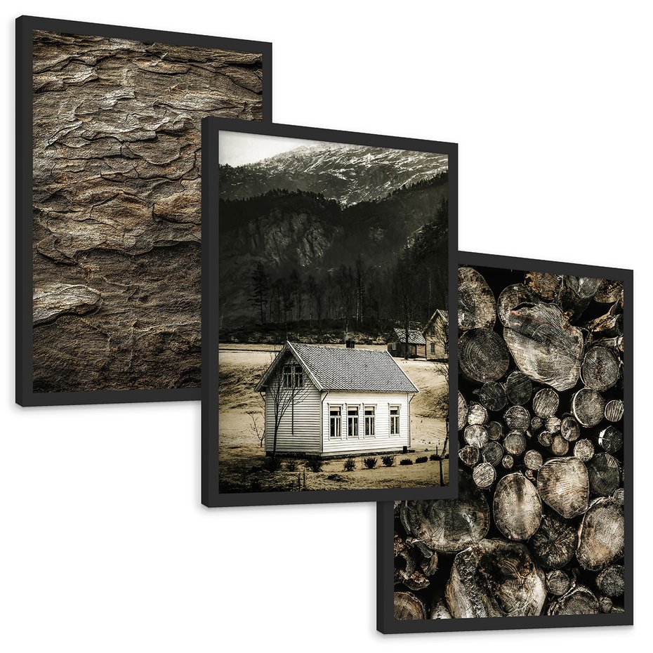 Zestaw obrazy w ramie, plakaty - dom, natura, drewno - rama czarna