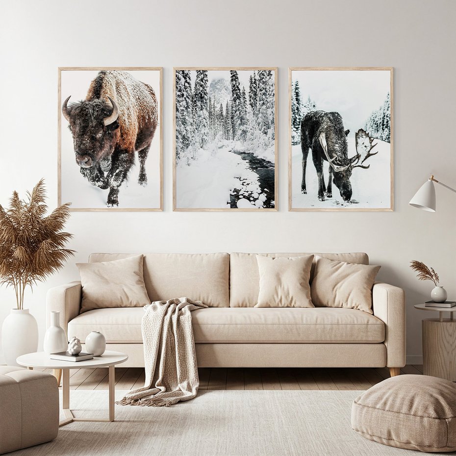 Zestaw obrazy w ramie, plakaty - bizon, łoś, zima - rama drewno