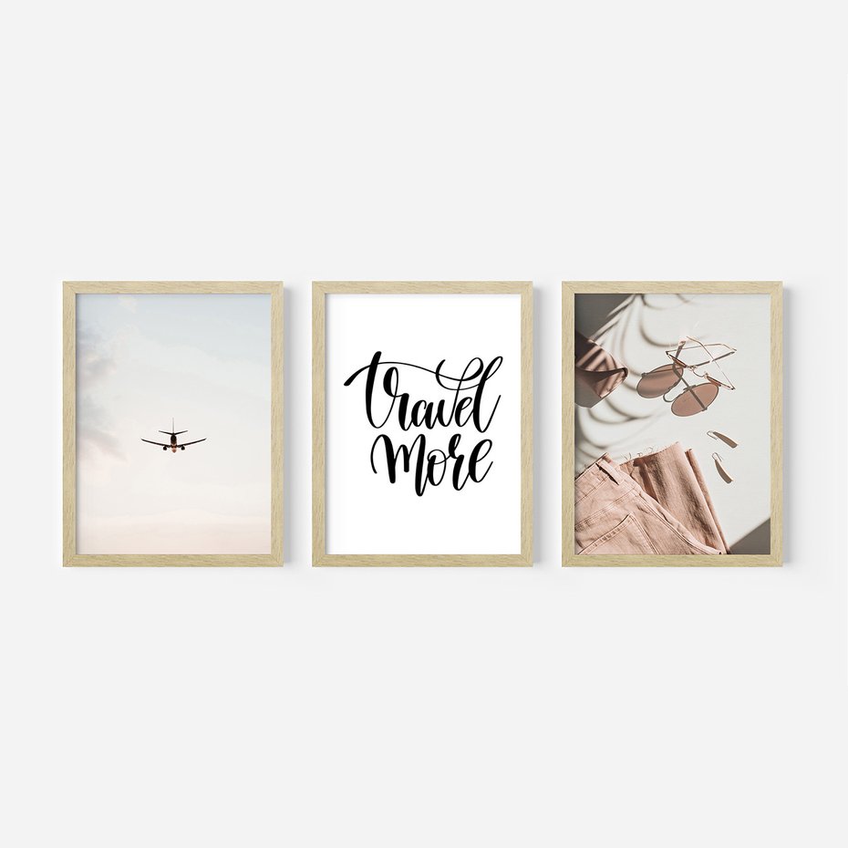 Zestaw obrazy w ramie, plakaty - podróże,wakacje,samolot - rama drewno
