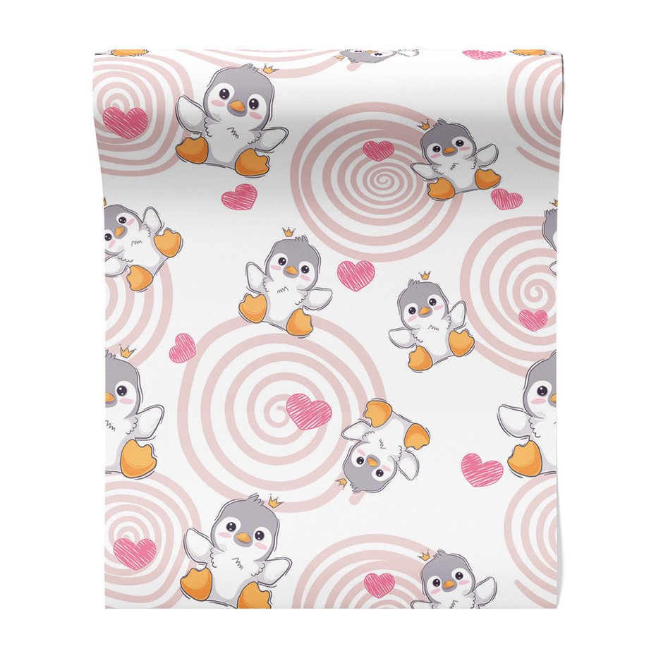 Tapeta - dziecięca, pingwiny, korona, serca