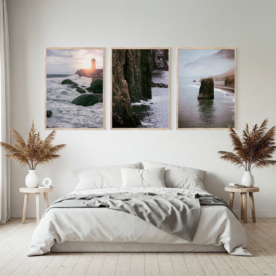Zestaw obrazy w ramie, plakaty - morze, skały, wybrzeże - rama drewno