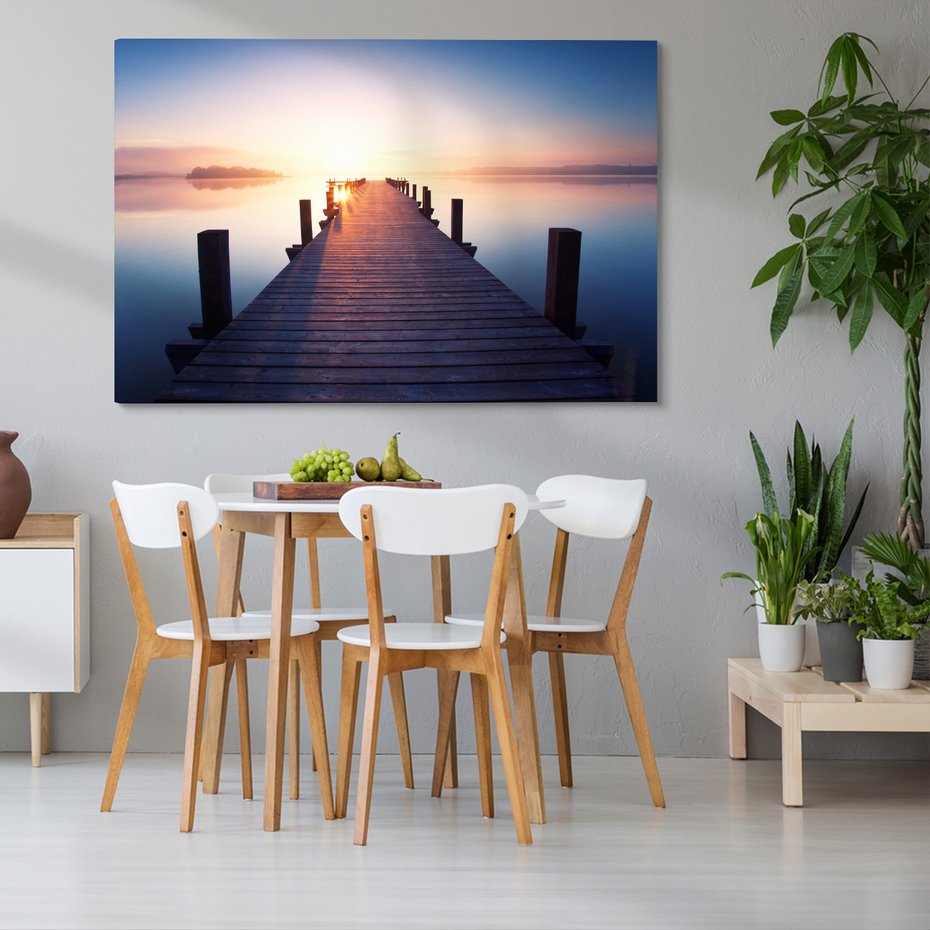 Obraz na płótnie - jezioro, most, zachód słońca