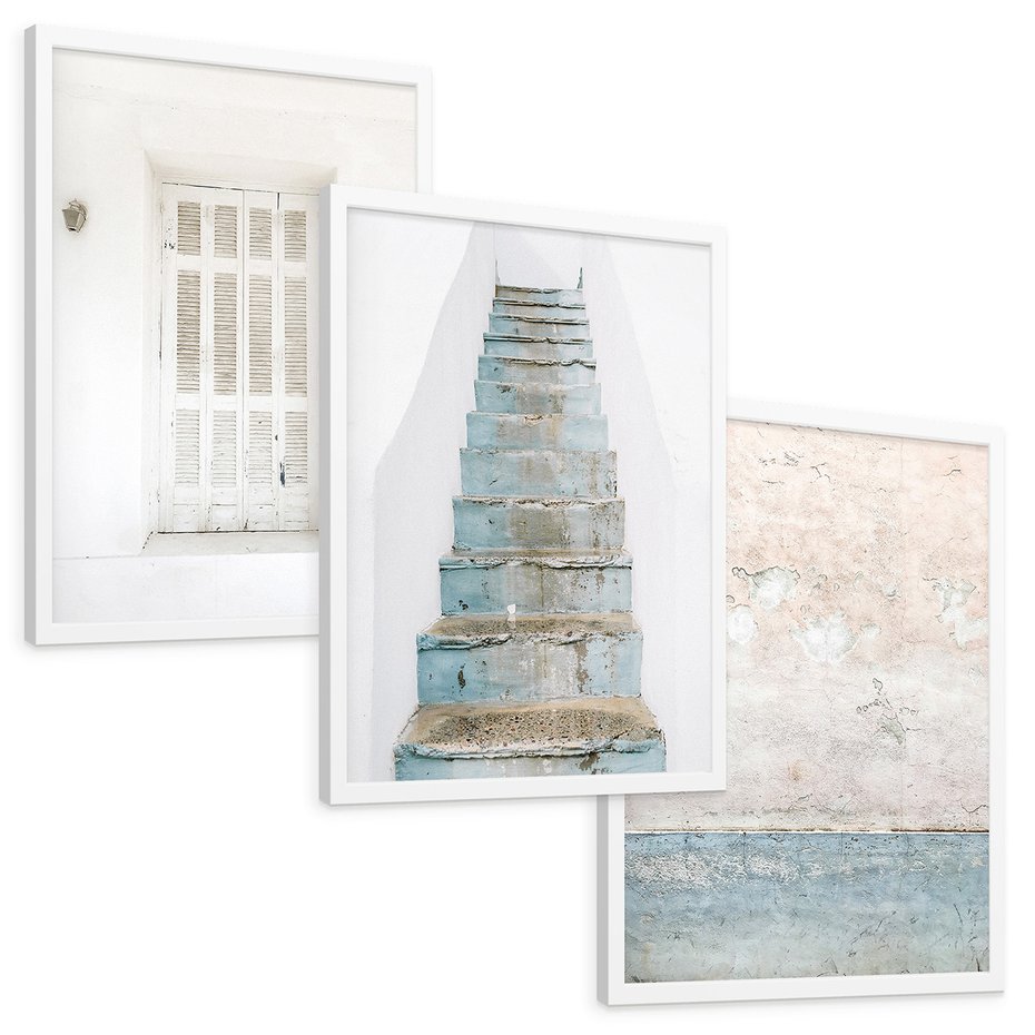 Zestaw obrazy w ramie, plakaty - ściana, schody, drzwi - rama biała