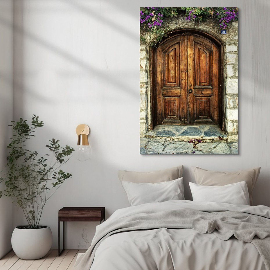 Obraz na płótnie - drzwi, kwiaty, kamień