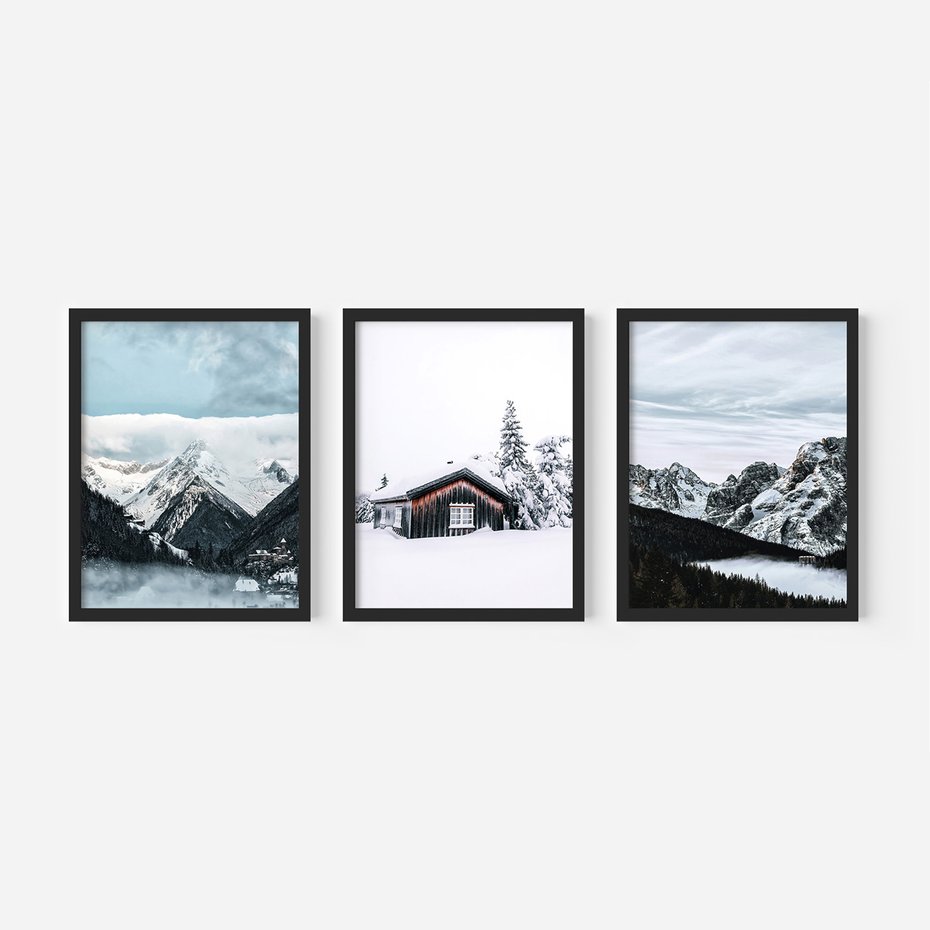 Zestaw obrazy w ramie, plakaty - zima, śnieg, góry - rama czarna
