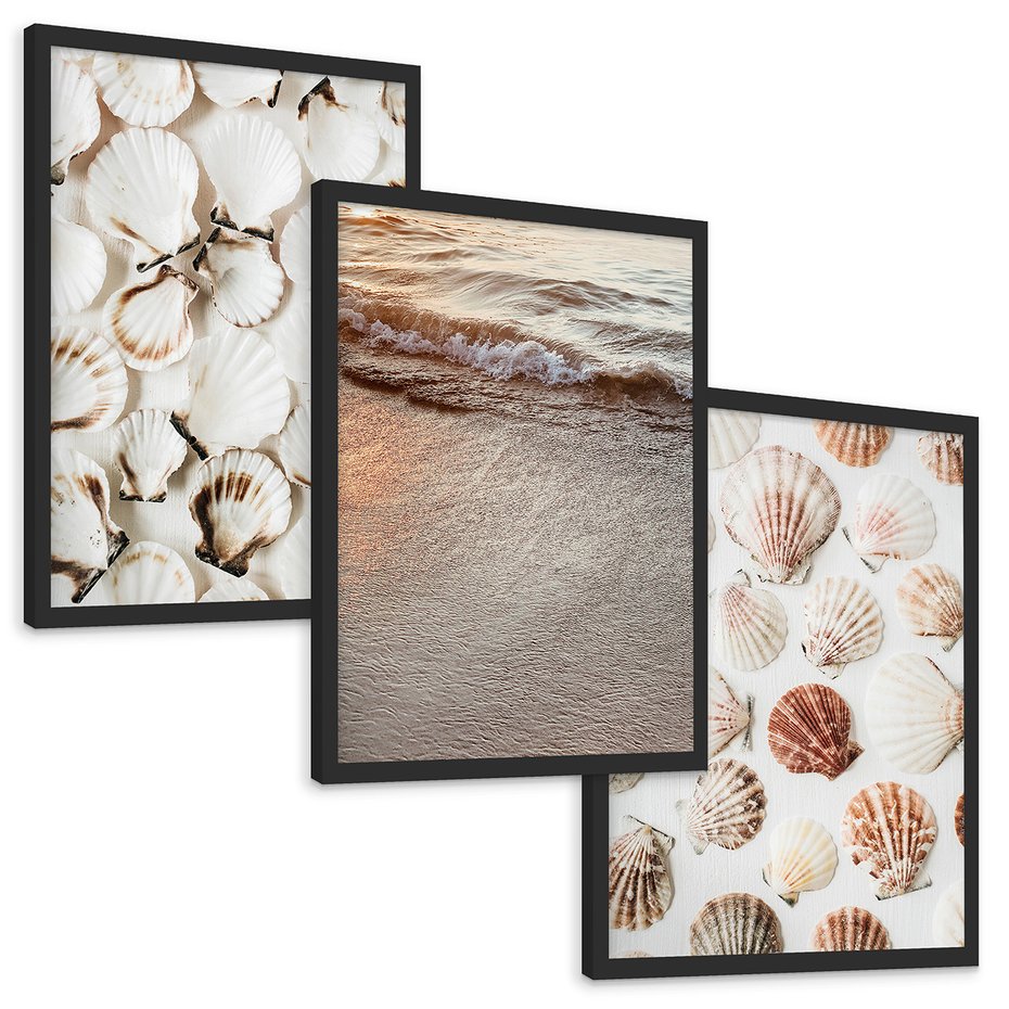 Zestaw obrazy w ramie, plakaty - muszle, plaża, woda - rama czarna