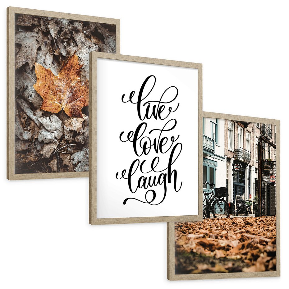 Zestaw obrazy w ramie, plakaty - liście, jesień, napisy - rama drewno