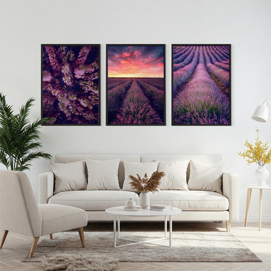 Zestaw obrazy w ramie, plakaty - lawenda, pole, kwiaty - rama czarna
