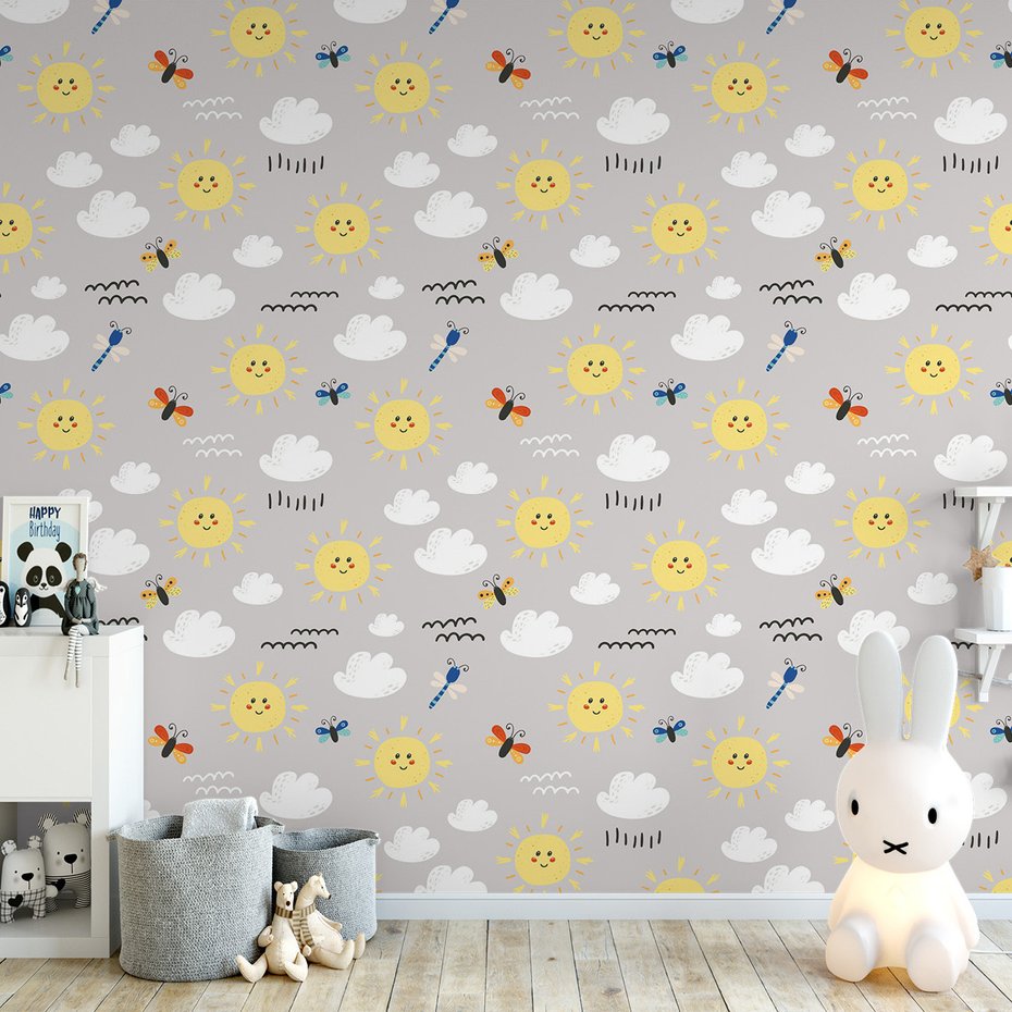 Tapeta - dziecięca, słońce, chmury, motyl