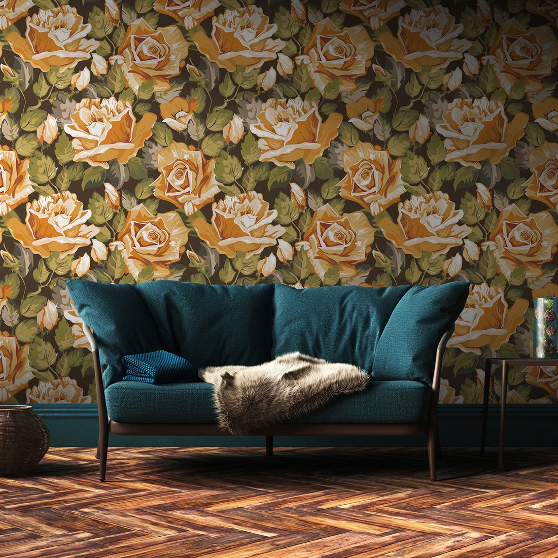 Tapeta - róże, liście, kompozycja