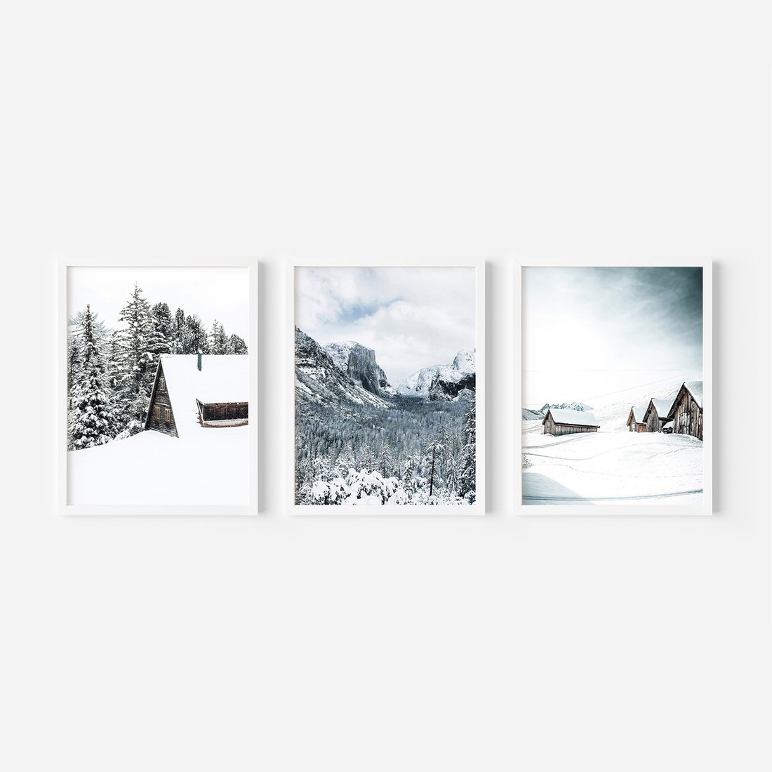 Zestaw obrazy w ramie, plakaty - zima, śnieg, góry - rama biała